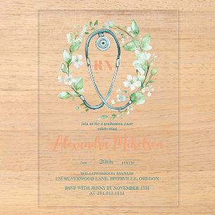 Invitaciones Acrílicas Graduación de la Escuela de Enfermería Boho Green
