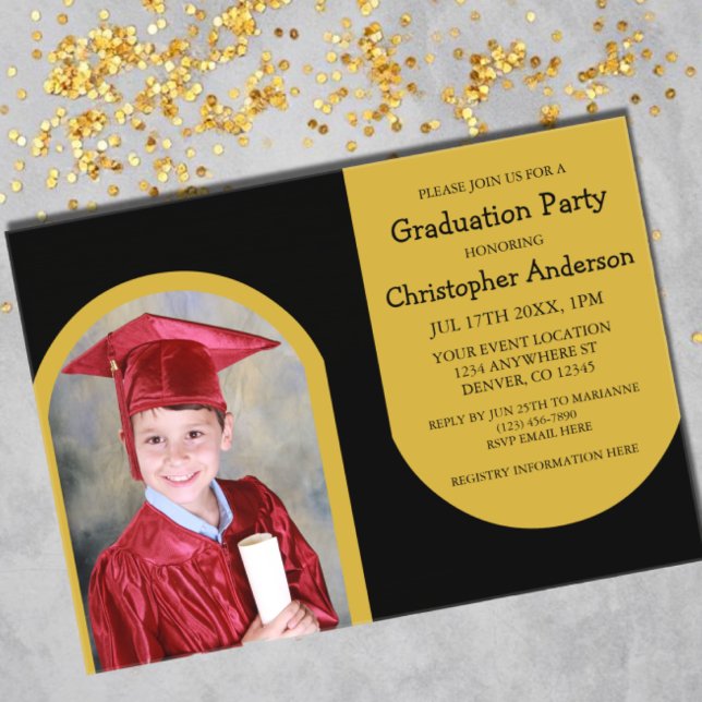 Invitaciones Acrílicas Graduación de niños con foto de arco de oro (Subido por el creador)