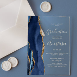 Invitaciones Acrílicas Graduación de texto dorado Ágata dorada azul marin