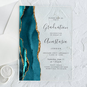 Invitaciones Acrílicas Graduación de texto gris ágata dorada azul teñido