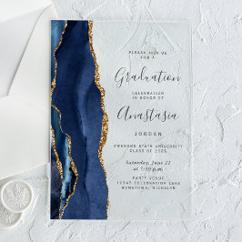 Invitaciones Acrílicas Graduación de texto gris ágata dorado azul marino