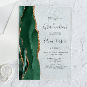 Invitaciones Acrílicas Graduación de texto gris ágata dorado verde esmera
