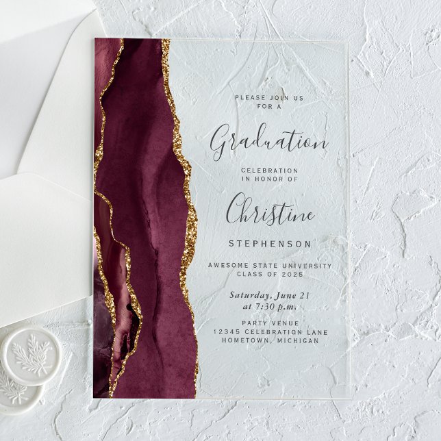 Invitaciones Acrílicas Graduación de texto gris de oro de Borgoña de 2025 (Subido por el creador)