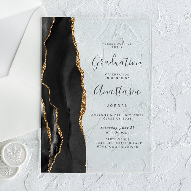 Invitaciones Acrílicas Graduación de texto gris del Black Gold Agate 2025 (Subido por el creador)