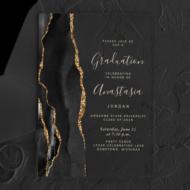 Invitaciones Acrílicas Graduación de textos de la Black Gold Agate Gold 2 (Subido por el creador)