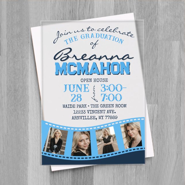 Invitaciones Acrílicas Graduación de tira de película azul y marina (Trendy Arched Graduation Photo Filmstrip Baby Blue & Navy Frosted Acrylic Invitations)