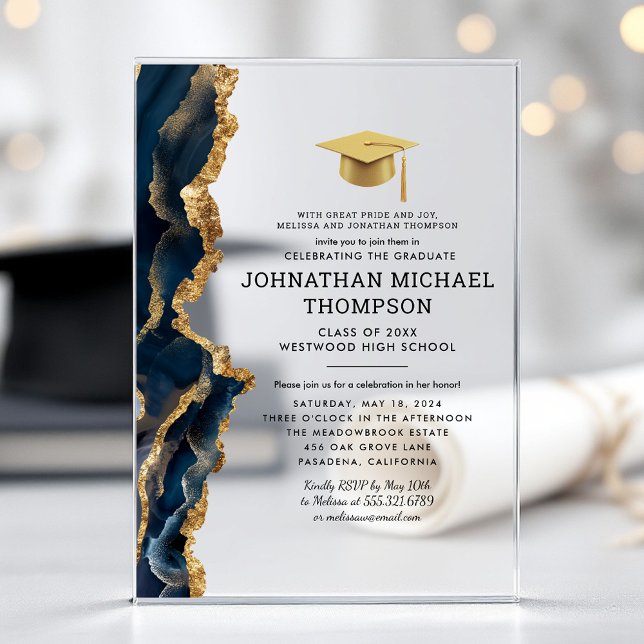 Invitaciones Acrílicas Graduación del Agate de Oro Azul (Subido por el creador)