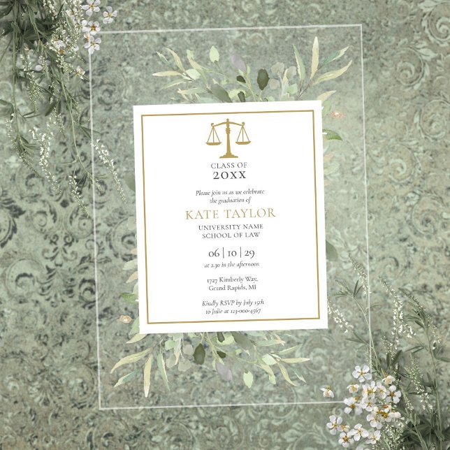 Invitaciones Acrílicas Graduación en la Escuela de Derecho del Oro Modern (Greenery Modern Gold Law School Graduation Acrylic Invitations)