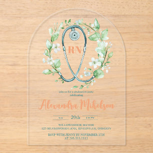 Invitaciones Acrílicas Graduación en la Escuela de Enfermería Boho Green