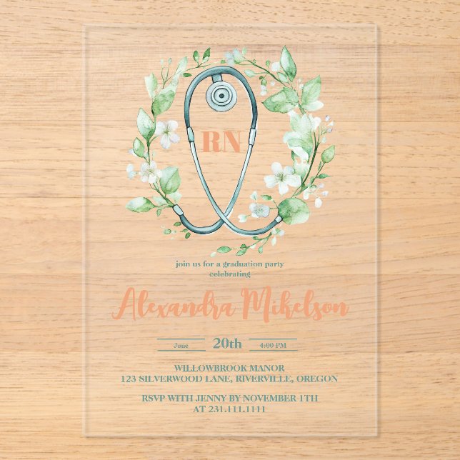 Invitaciones Acrílicas Graduación en la Escuela de Enfermería Boho Green  (Anverso)