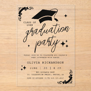 Invitaciones Acrílicas Graduación Personalizada Elegante Guión Estrellas 