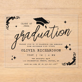 Invitaciones Acrílicas Graduación Personalizada Elegante Guión Estrellas 