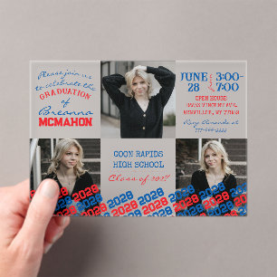 Invitaciones Acrílicas Graduación única azul y roja 3 foto descongelada