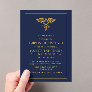Invitaciones Acrílicas Graduada de la Escuela de Enfermería Azul Marino y