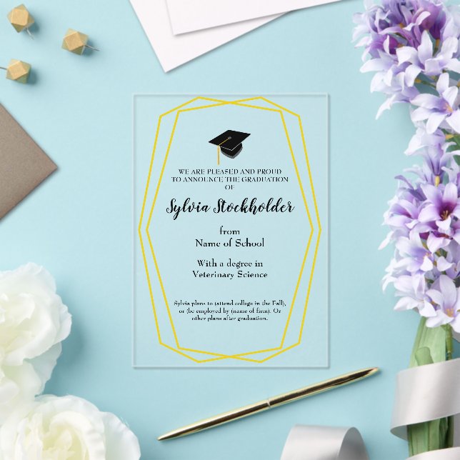 Invitaciones Acrílicas Graduation Gold lines - Cap Acrylic Announcement (Insitu (Boda))