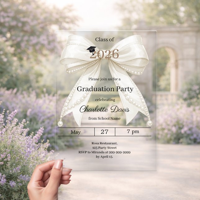 Invitaciones Acrílicas Graduation party ivory bow class of 2026 luxury (Subido por el creador)