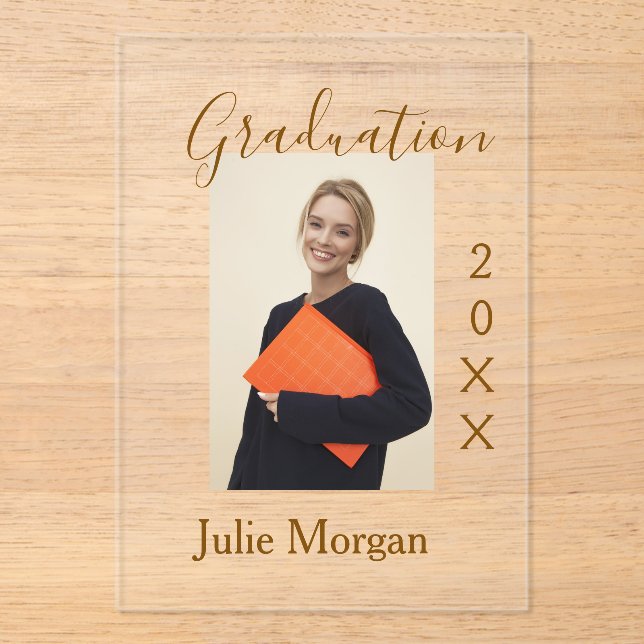 Invitaciones Acrílicas Graduation photo brown golden year 20XX namesimple (Anverso)