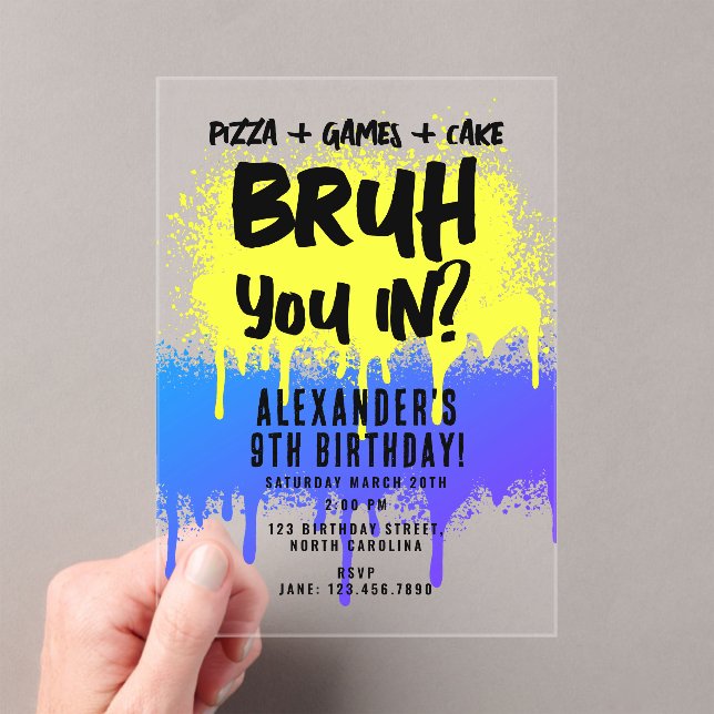 Invitaciones Acrílicas Grafiti de neón de cumpleaños de Bruh Boy amarillo (Insitu (portátil))