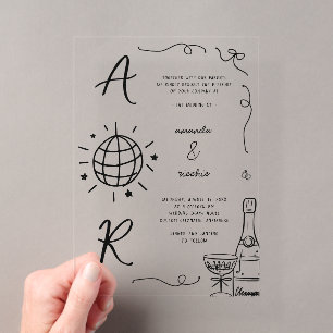 Invitaciones Acrílicas Gran Monograma Disco Francés Divertido Boda Dibuja