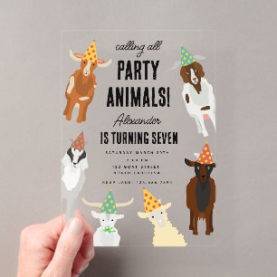 Invitaciones Acrílicas Granja de cabras lindas fiesta animales tema cumpl