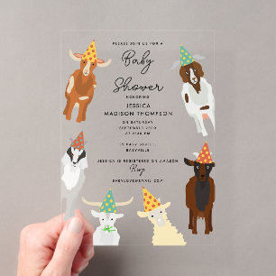 Invitaciones Acrílicas Granja de cabras lindas, fiesta de animales, baby