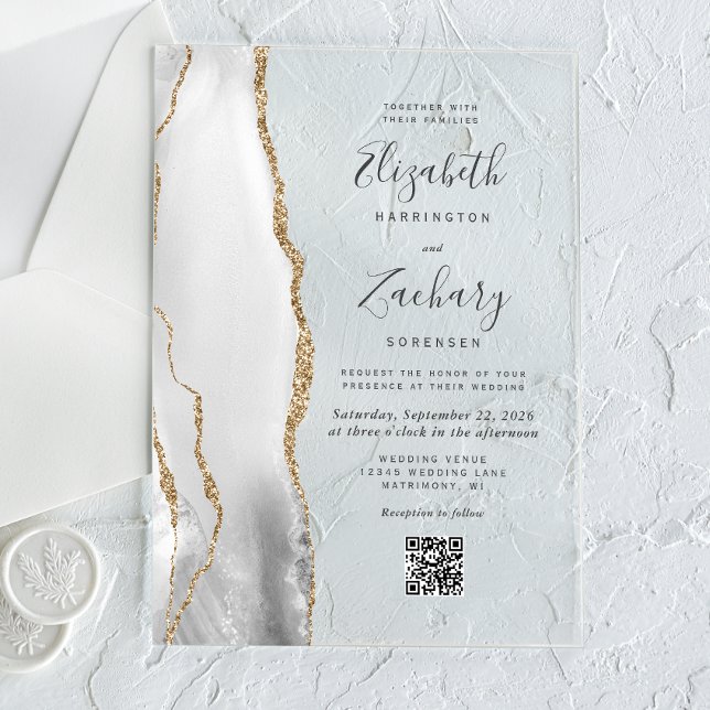 Invitaciones Acrílicas Gray White Gold Agate QR Code Wedding (Subido por el creador)