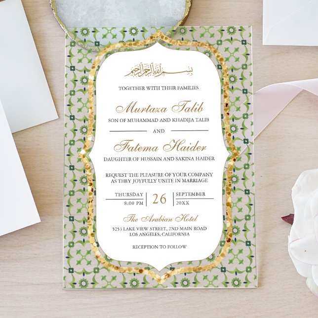 Invitaciones Acrílicas Green and Gold Moroccan Tile Islamic Wedding (Subido por el creador)