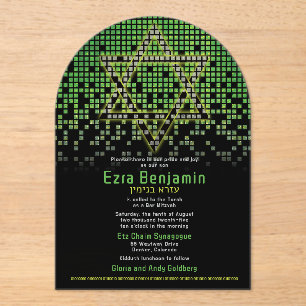 Invitaciones Acrílicas Green Black Video Game Gamer Bar Mitzvah