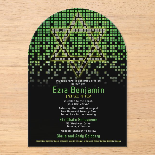 Invitaciones Acrílicas Green Black Video Game Gamer Bar Mitzvah (Anverso)