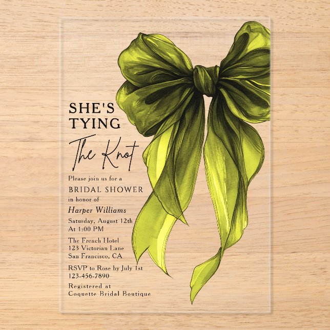 Invitaciones Acrílicas Green Bow She's Tying The Knot Bridal Shower (Anverso)