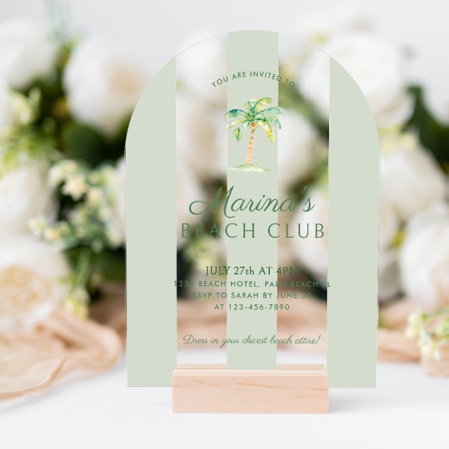 Invitaciones Acrílicas Green Cabana Stripes Palm Beach Club Arco de Cumpl (Subido por el creador)