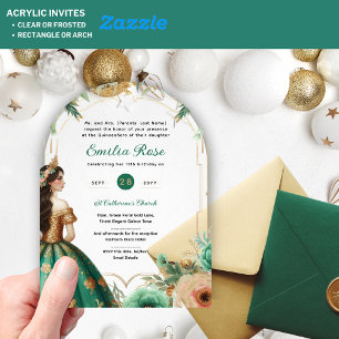 Invitaciones Acrílicas Green Gold Quinceañera Emerald Dress Mis Quince