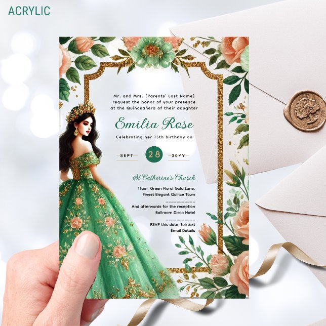 Invitaciones Acrílicas Green Peach Quinceañera Emerald Dress Mis Quince (Subido por el creador)