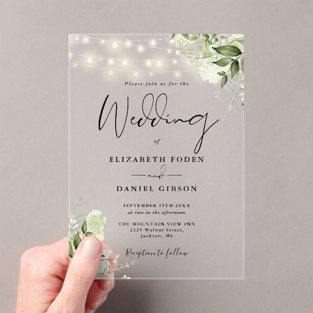 Invitaciones Acrílicas Greenery Floral String Lights Script Wedding (Insitu (portátil))
