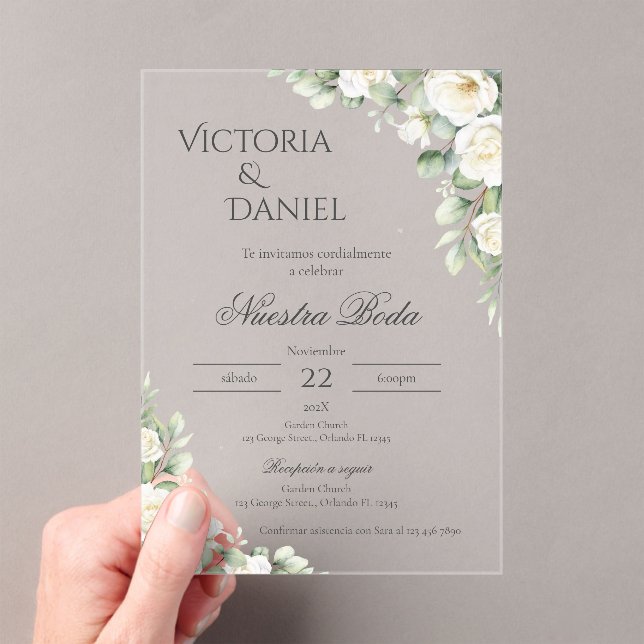 Invitaciones Acrílicas Greenery Floral wedding Acryl invitation Spanish (Insitu (portátil))