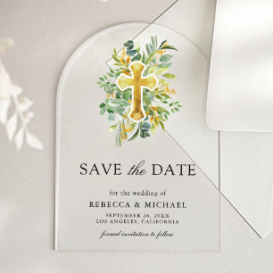 Invitaciones Acrílicas Greenery Gold Boda Católica Save the Date