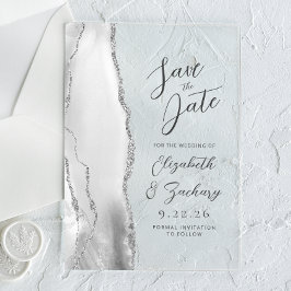 Invitaciones Acrílicas Gris Agata Blanco Plata Moderno Script Bodas