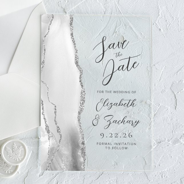 Invitaciones Acrílicas Gris Agata Blanco Plata Moderno Script Bodas (Subido por el creador)