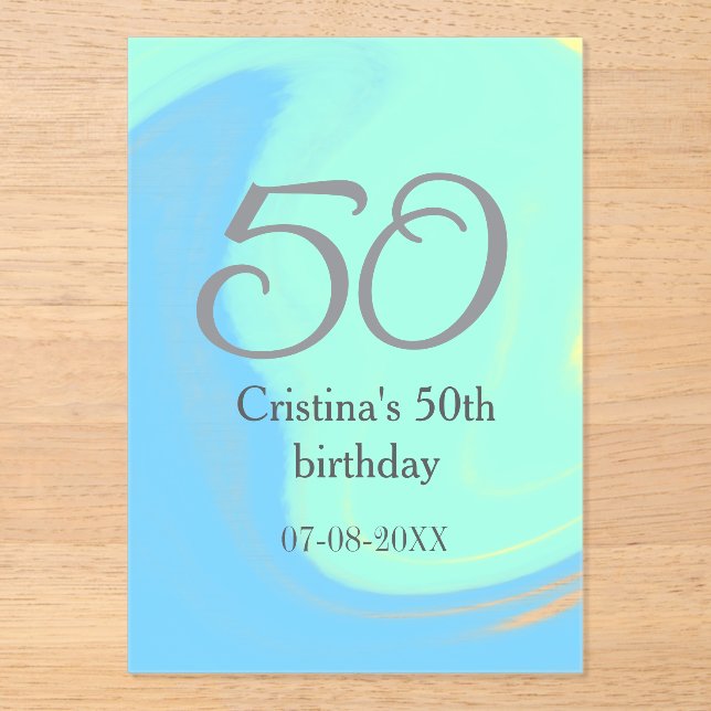 Invitaciones Acrílicas Gris verde azul 50 cumpleaños añadir fecha retro (Anverso)
