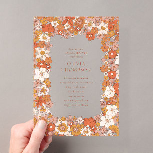 Invitaciones Acrílicas Groovy Boho Naranja Floral Marco Despedida de Solt