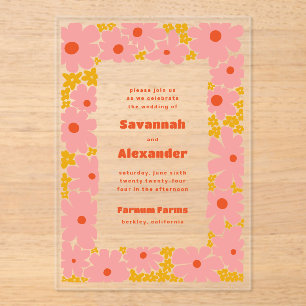 Invitaciones Acrílicas Groovy rosado y Naranja Blooms Boho Boda