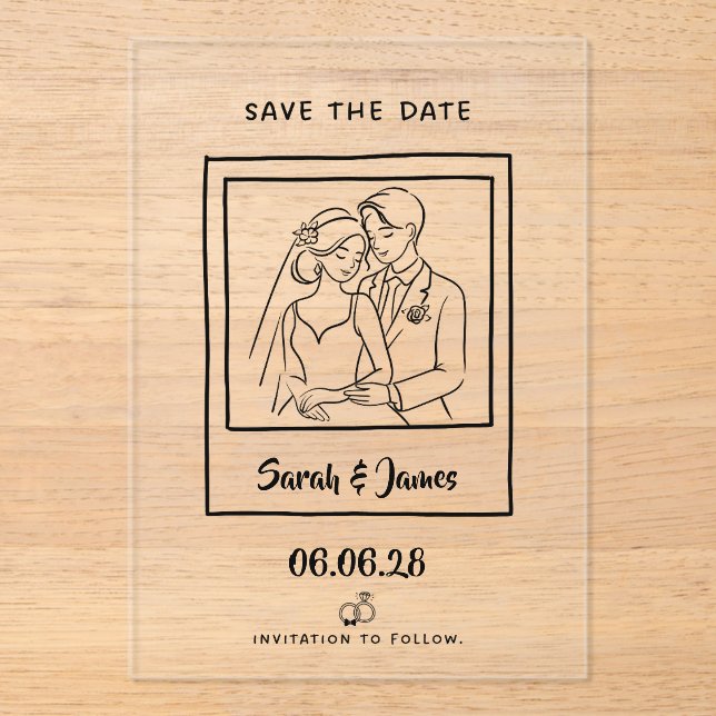 Invitaciones Acrílicas Guardar fecha personalizable Novia novio CLaro (Anverso)