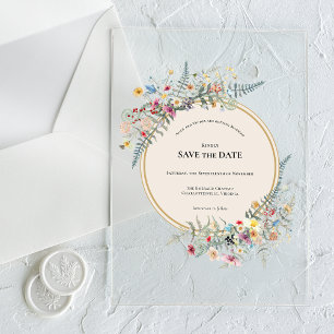 Invitaciones Acrílicas Guardar la fecha Boho Wildflower Fern Beige