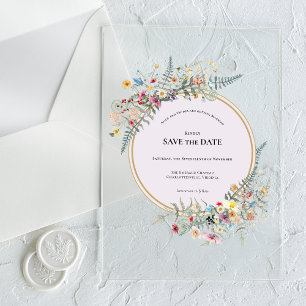 Invitaciones Acrílicas Guardar la fecha Boho Wildflower Helecho Lavanda