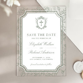 Invitaciones Acrílicas Guardar la fecha de boda católica en verde salvia