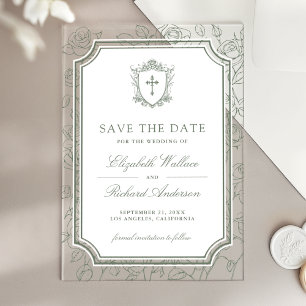 Invitaciones Acrílicas Guardar la fecha de boda católica en verde salvia
