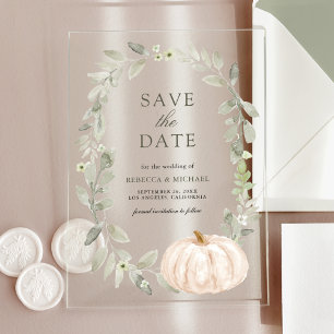 Invitaciones Acrílicas Guardar la fecha de boda con calabaza blanca y fol