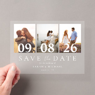 Invitaciones Acrílicas Guardar la fecha de boda con collage de 3 fotos mo