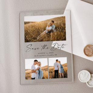 Invitaciones Acrílicas Guardar la fecha de boda con guión moderno 3 fotos