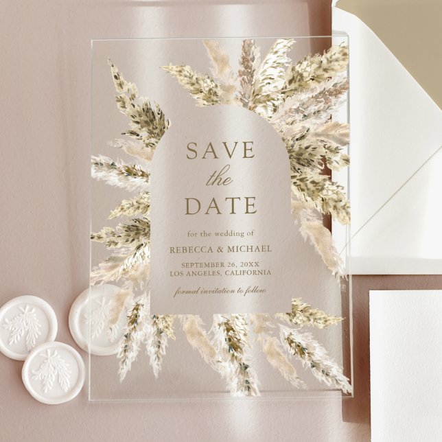 Invitaciones Acrílicas Guardar la fecha de boda de arco de pampas boho se (Subido por el creador)